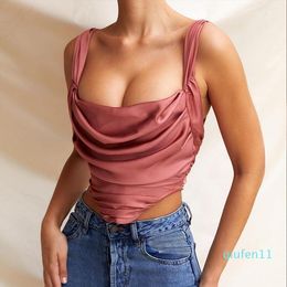 2022-Women's Rose Satin Cowl Neck Draped Corset Top Club Party Sexy Backless Ruched Bustier Tops Sleeveless Zipper Summer