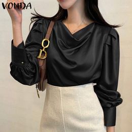 Women's Blouses & Shirts Women Elegant Blouse VONDA 2022 Casual Solid Colour Pleated Long Sleeve Tops Ladies Puff Button Up Bohemian Blusas F