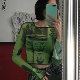 Y2K Mesh Top Women Streetwear Long Sleeve Graphic Tee See Through O Neck s Slim Anime T-shirt Sexy Crop Clothing 220328