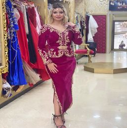 Traditional Karakou Algerian Evening Dress 2022 Vintage V Neck Long Sleeve Morrocan Prom Dresses Dubai Arabic Short Party Robe De Soiree Mariage Kaftan Skirt