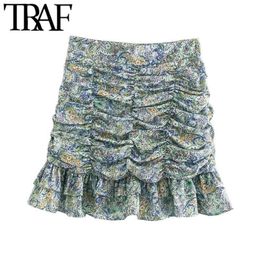 TRAF Women Chic Fashion With Ruffled Pleated Printed Mini Skirts Vintage High Waist Back Zipper Female Skirts Mujer 210331