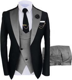 Grey Black Wedding Tuxedos Mens Prom Suits Notched Lapel Slim Fit Wedding Suit For Men Blazers Three Pieces Jacket Vest And Pants Party Business Holiday