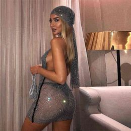 Sexy Dress for women hot diamond wrap flash party club dresses crystal mesh hollow backless vetidos with scarf T220816