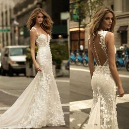 lace top mermaid wedding dress Canada - Berta Sheer Mesh Top Lace Mermaid Wedding Dresses Tulle Applique 3D Floral Wedding Bridal Gowns With Buttons208q