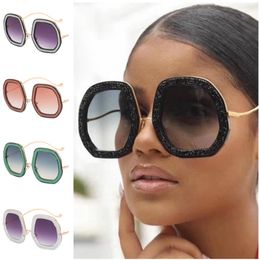 Women Sunglasses Glitter Diamonds Sun Glasses Adumbral Anti-UV Spectacles Oversize Frame Eyeglasses Polygon Ornamental