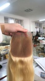 613 Blonde Human Hair Closure Silk top 4x4 Lace Closure virgin Brazilian Straight Pre Plucked