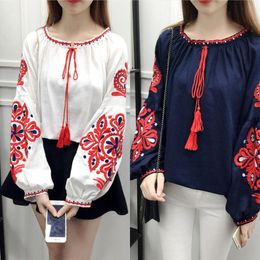 Women's Blouses & Shirts Design Women O-neck Loose Lantern Long Sleeve Lacing Tassel Patchwork Embroidery Floral Ethnic Nation Style Tops Bl