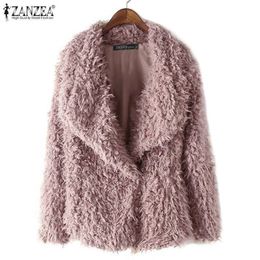 Women's Fluffy Fur Coats Winter Outerwears 2019 ZANZEA Casual Lapel Single Button Jackets Autumn Female Long Sleeve Windbreakers T200111