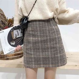 College Wind Autumn and Winter Women's New Students Retro Plaid A Word Short High Waist Bag Hip Step Skirt 210331