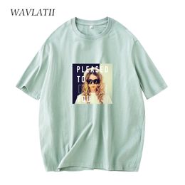 WAVLATII Lady Fashion Cotton Light Green T-shirts Tops Women Summer Short Sleeve Printed Tees WT2146 220511