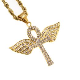 Fashion Stainless Steel pendant Religious Africa Agypt Ancient Egyptian Angel wings Cross Necklace The Symbol Of Life Coptic The Ankh Anka With Crystal Rhinestones