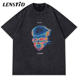 LENSTID Summer Men Short Sleeve Tshirts Hip Hop Illusion Skull Print Washed T Shirts Streetwear Harajuku Casual Cotton Tops Tees 220610