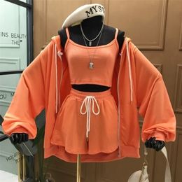 DEAT 2020 New Summer Fashion Casual Zipper Solid Long Sleeve Lace Up Hooded Sweater Coat Slim Three Piece Suit Women LJ201125