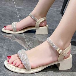 Sandals Thick Heels Shiny Crystal Straps Women 2022 Summer Comfort Med Heeled Open Toe Ankle 220419