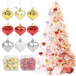 12pcsbox Hanging Heart Shape Ornament Red Gold Silver Christmas Balls Decorations Plastic Y201020