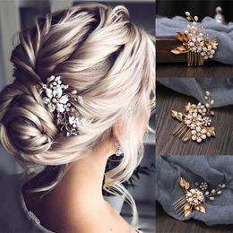 Gold Colour Pearl Crystal Flower Leaf Hair Comb Band Hairpin For Women Bride Wedding Bridal Hair Accessories Jewellery Headpiece