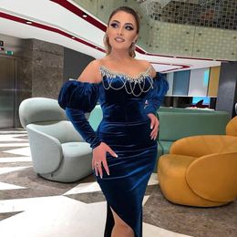 Blue Elegant Prom Dresses For Women Velvet Strapless Beading Crystal Long Sleeve High Slipt Floor Length Mermaid Dress Evening Party Gowns