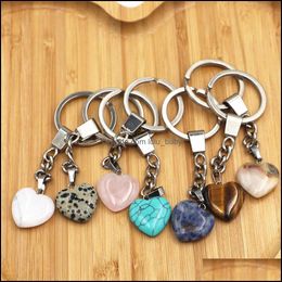 Key Rings Heart Shape Natural Stone Keychains Sier Colour Healing Amethyst Pink Crystal Car Decor Keyholder For Wo Baby Dhimn