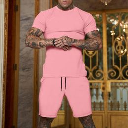 Men s Tracksuit 2 Piece Set Summer Solid Sport Oversized Loose Suit Short Sleeve T Shirt and Shorts Casual Fashion Man Clothing 220705