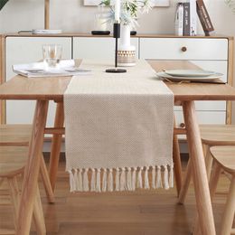 Modern Table Runner Simple Nordic Style Beige Flag Handmade Tassel Cotton Linen cloth Bed Runners Decoration 220615