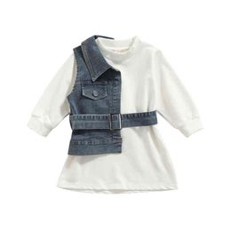 Citgeett Autumn Kids Girls Dress And Vest Belt Set Fashion Solid Colour Long Sleeve Dress Denim Tops Spring Clothes J220711