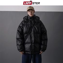 Lappster Men Japanese Streetwear Leather Puffer Jacket Mens Hip Hop Black Winter Bubble Jackets Coats Casal Casal Coreano Parka 201119