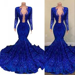 2022 Sexy African Sparkly Sequined Lace Prom Dresses Royal Blue Illusion Long Sleeves Sequins Mermaid Plus Size Pageant Party Dress Formal Evening Gowns Deep V Neck