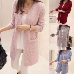Winter Warm Fashion Women Solid Color Pockets Knitted Sweater Tunic Cardigan