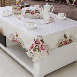Home el dining wedding White Red Table Cloth with Lace Embroidered Floral Rectangular Tablecloth to table covers T200707