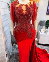 2022 Plus Size Arabic Aso Ebi Red Luxurious Sheath Prom Dresses Beaded Crystals Evening Formal Party Second Reception Birthday Engagement Gowns Dress ZJ334