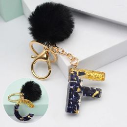 Keychains Cute 1Pc Black Pompom Letter Keychain English Alphabet Keyring Glitter Gradient Resin Car Mirror Accessory Women Handbag Charms Mi