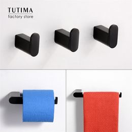 Tutima Matte Black 3-Piece Set Bathroom Accessories 304 Stainless Steel Wall Mount Toilet Paper Holder Towel Bar Ring Robe Hook T200605