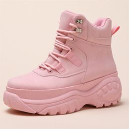 Women Boots Pink Pu Leather Vintage High Top Platform Sneakers Women Chunky Ankle Boots Height Increase Shoes Femmes 201103