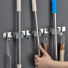 Hooks & Rails Wall Mounted Broom Mop Holder Stainless Steel Hanger 3 Racks 4 Heavy Duty Storage Organiser Kitchen Bathroom