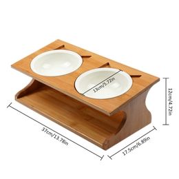 Pet wooden Tilted Feeders Antislip Double Ceramic Bowl Cat Dish with Slope Base Lovely Bowls bamboo stand CW120 Y200917