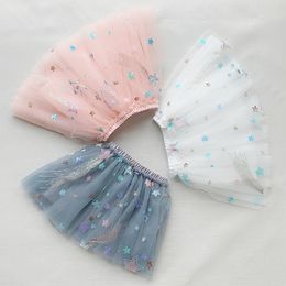 Stars Sequined School Girls Skirts Sweet Children's Princess Tutu Skirt Summer Korean Casual Mesh Skirts Faldas Para 220423