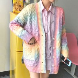 Rainbow Knitted Cardigan Women Autumn Winter Button Long Cardigan Female Korea Style Sweet Kawaii Sweater Coat Female Cute 210204