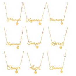 12 Zodiac Sign Necklace Pendant Gold Chains Stainless Steel Virgo Cancer Letter Pendants Charm Star Sign Choker Astrology Necklaces for Women Fine Fashion Jewelry