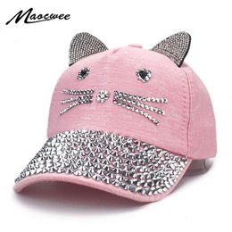 Cap Spring And Summer Cute Cat Styling Ears Rhinestone Diamonds Pearl Childrens Hat Point Drill Adjustable Baseball