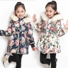 Winter Warm Girls Jacket 2021 Heavy Thicken Plus Fleece Long Style Hooded Flower Outerwear For Children Jacket From Cold Resistance J220718