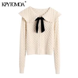 KPYTOMOA Women Fashion Velvet Bow Striped Textured Knitted Sweater Vintage Long Sleeve Button-up Female Pullovers Chic Tops 201224