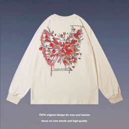Tkpa High Street Hip Hop Dark Black Butterfly Print Long Sleeve T-shirt Men's Loose National Fashion Sweater Ins
