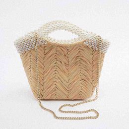 Designer Straw Big Tote Women's Pearls Basket Bags Chain Shoulder Crossbody Bag Brand Beach Bags Summer Shopper Top-Handle Bag G220531