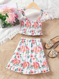 Girls Floral Print Bow Shirred Cami Top & Ruffle Hem Skirt SHE