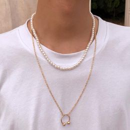 Chokers SHIXIN Trendy 2 Pcs Layered Pearl Pendant Necklaces Set For Men/Women Punk Hip Hop Fashion Neck Jewelry 2022 Gifts