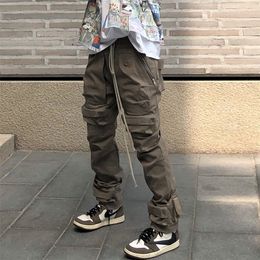 High Street Multipocket Drawstring Overalls Mens Straight Vibe Style Oversize Casual Cargo Pants Hip Hop Loose Baggy Trousers 220622