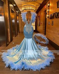 Elegant Blue Beaded Crystal Mermaid Prom Dresses 2022 Black Girls V- Neck Feathers Evening Gowns Ruffles Backless Party Dress 322