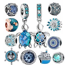 925 Sterling Silver Dangle Charm women New Ocean Blue Sea Turtle Beads Bead Fit Pandora Charms Bracelet DIY Jewellery Accessories