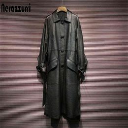 Nerazzurri Autumn Long Ruffled Black Faux Leather Trench Coat for Women Raglan Sleeve Sashes Single Breasted PU Leather Overcoat L220728