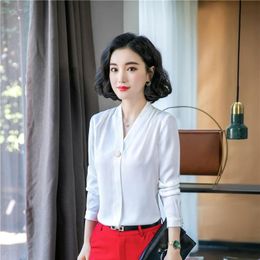 Women's Blouses & Shirts Novelty White Fashion V-neck Women Chiffon And Long Sleeve Spring Autumn Ladies Office Work Wear Tops Clothes